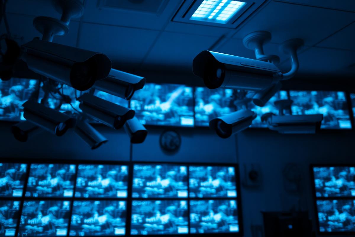 CCTV cameras and a monitoring wall in a secure office
